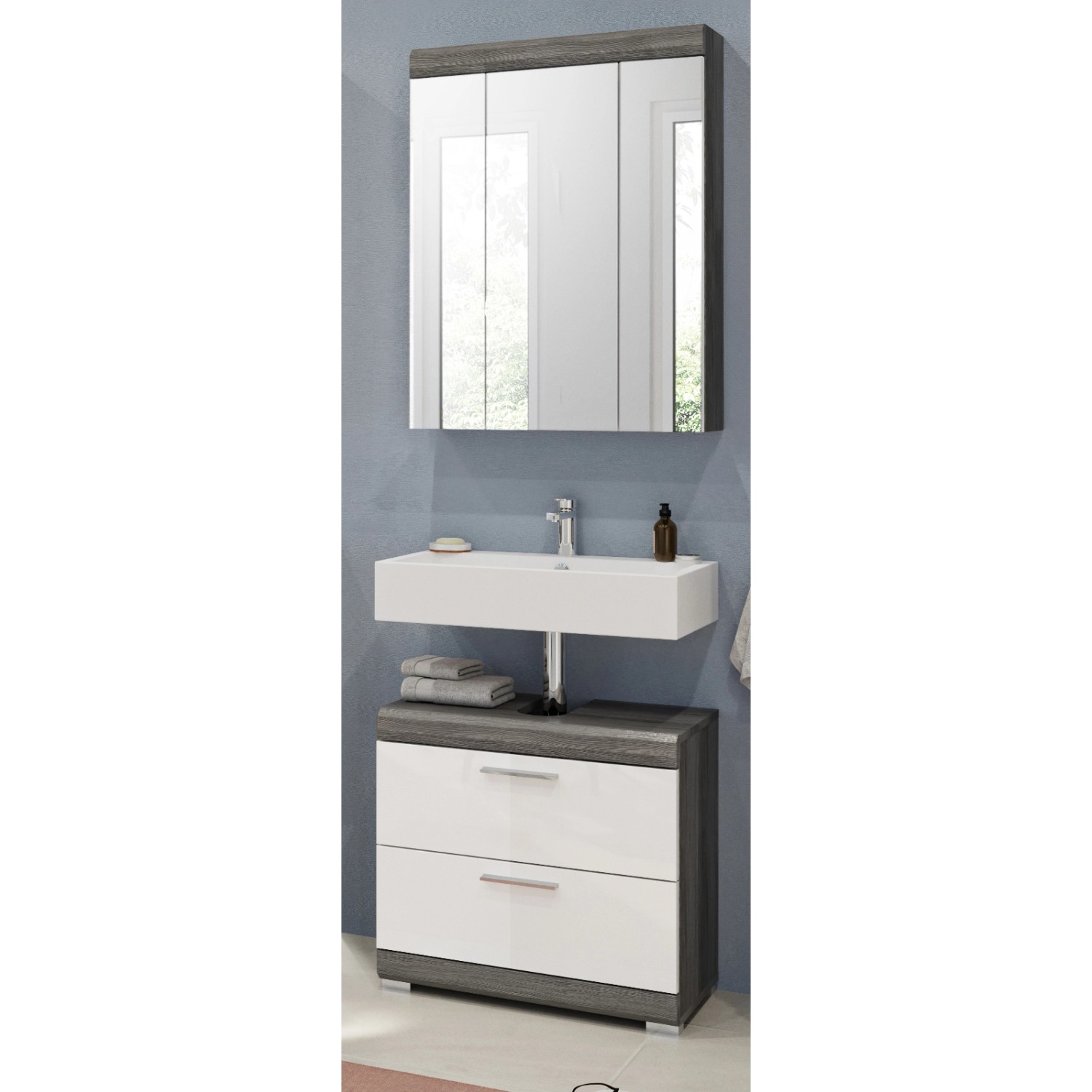 Inn.Furn Badmöbel-Set Weiß Hochglanz Grau 2-teilig 60 cm mit Spiegel Shawn günstig online kaufen