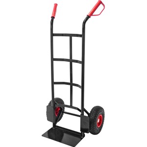 Schwarze Sackkarre mit rotem Griff und pannensicheren PU-Rädern, Traglast 150 kg.