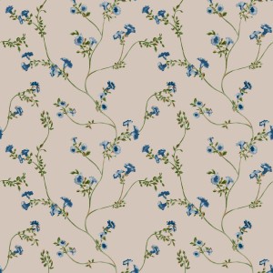 Beige Vliestapete mit blauem Blütenmuster Robey Cottage Floral von Joules, Landhausstil.