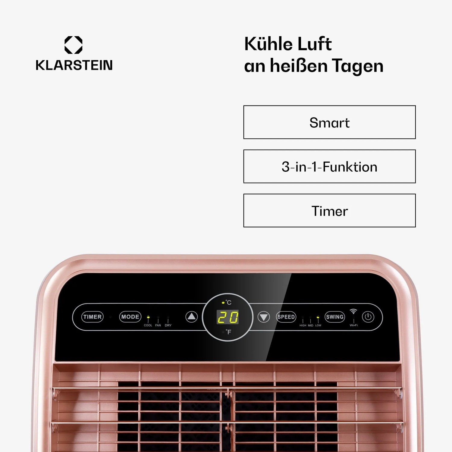 Klarstein Metrobreeze New York Smart 12k Klimaanlage in Roségold-Metallic mit digitalem Display.