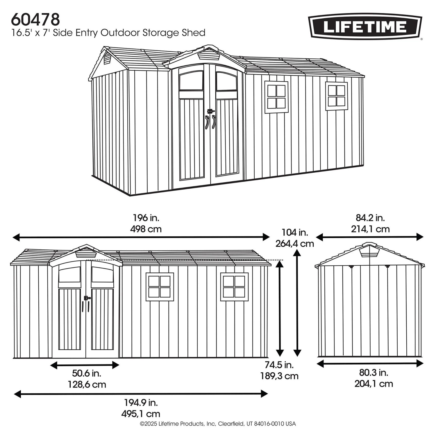 Skizze: Lifetime Gerätehaus Idaho, grau, mit Maßen. Ideal für Garten, zur Aufbewahrung von Gartengeräten.