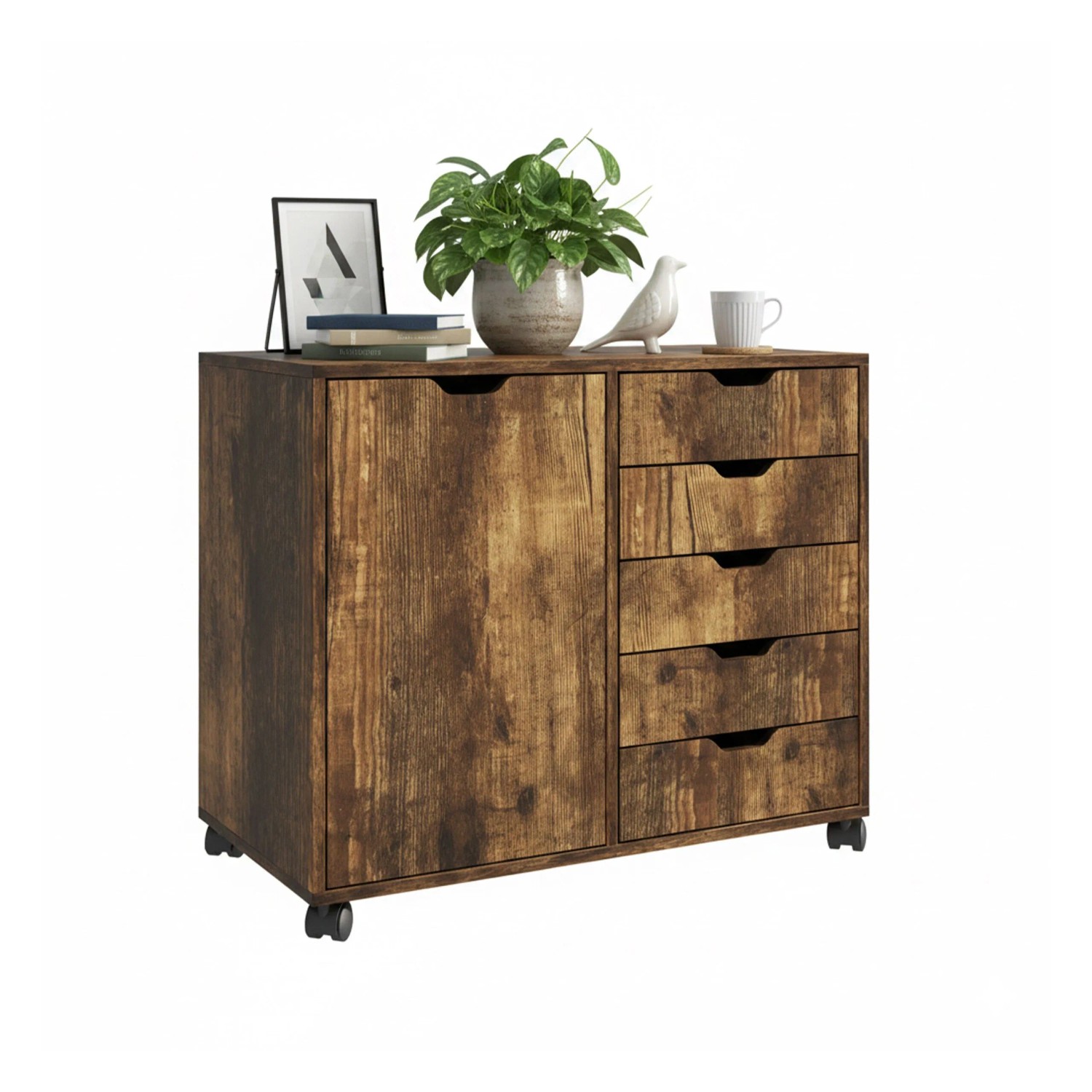 Relaxdays Rollcontainer mit Schubladen und Fächern Holzwerkstoff Vintagebraun Verstellbar 65 cm x 78 cm x 40 cm 24,8 kg