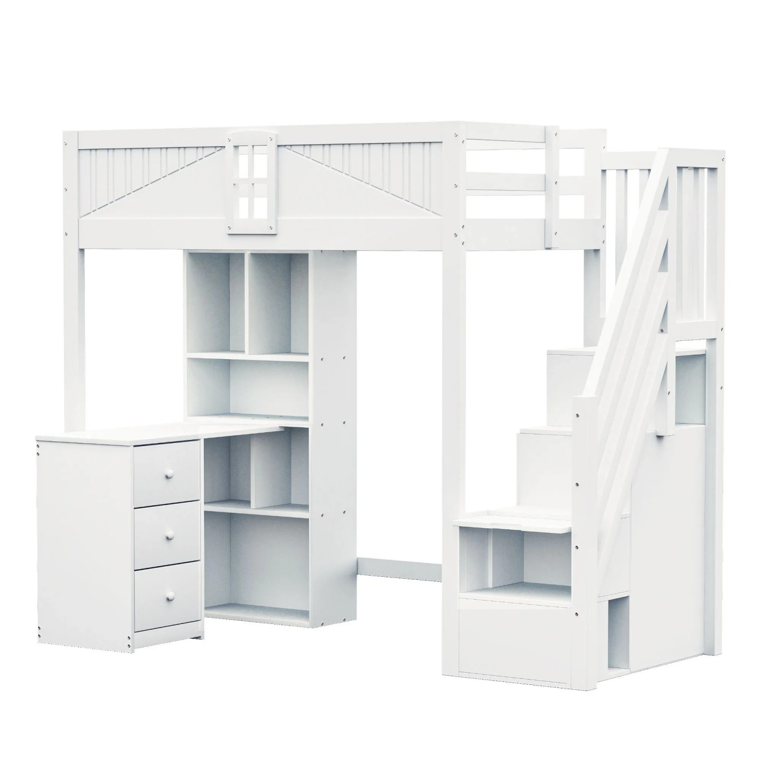 okwish Hochbett 90x200cm mit Sicherheitsgitter Schreibtisch Schubladen Weiß ohne Matratze