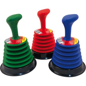 Rothenberger Mini Saugglocke Ropü, Pömpel in Grün, Rot und Blau mit schwarzem Fuß.