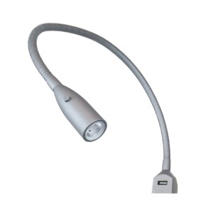 Flexible LED Bettleuchte in Silbergrau mit USB-Ladefunktion, warmweißes Licht.