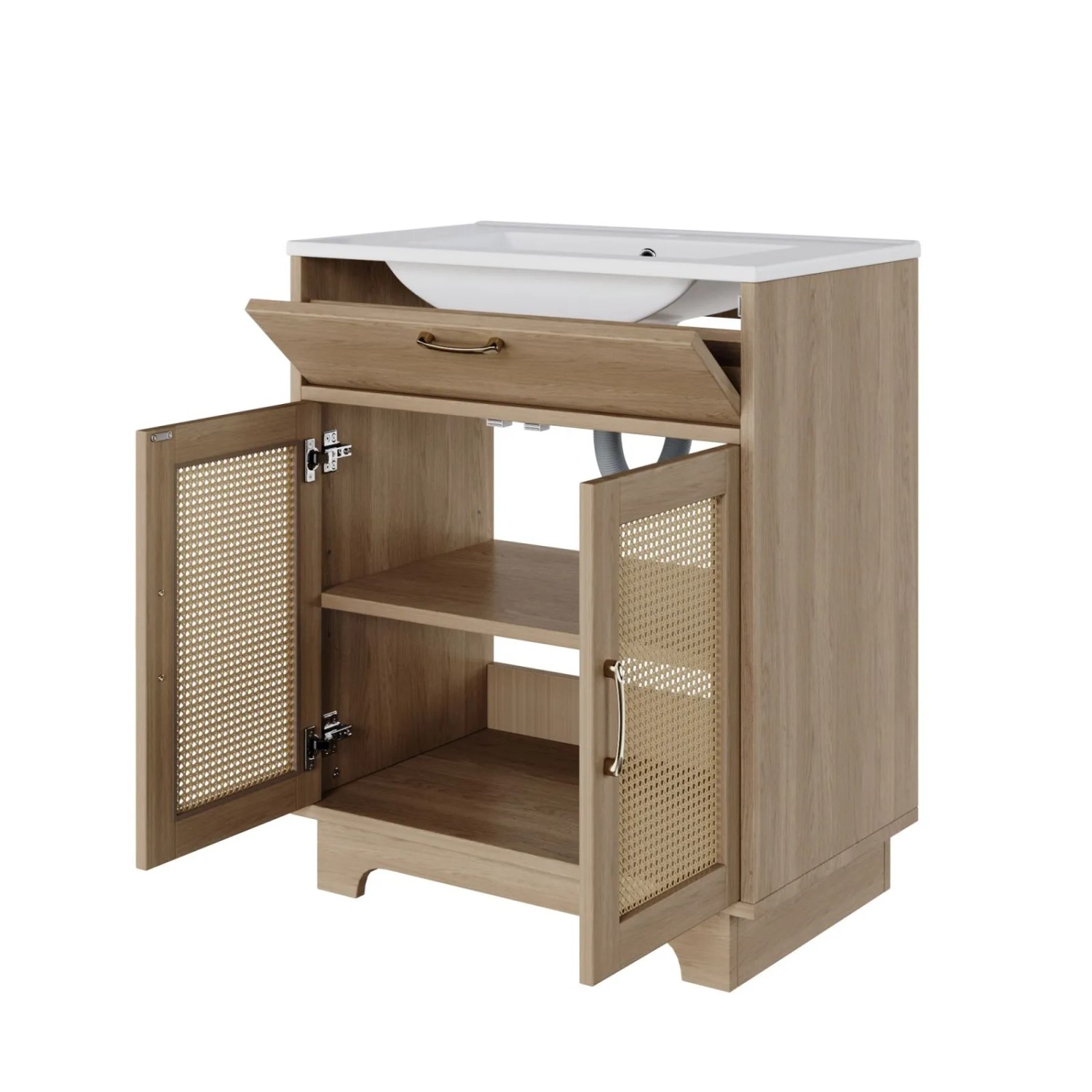 PXloue Waschtisch mit Keramikbecken Rattan Optik Türen Badmöbel 76x46x88 cm