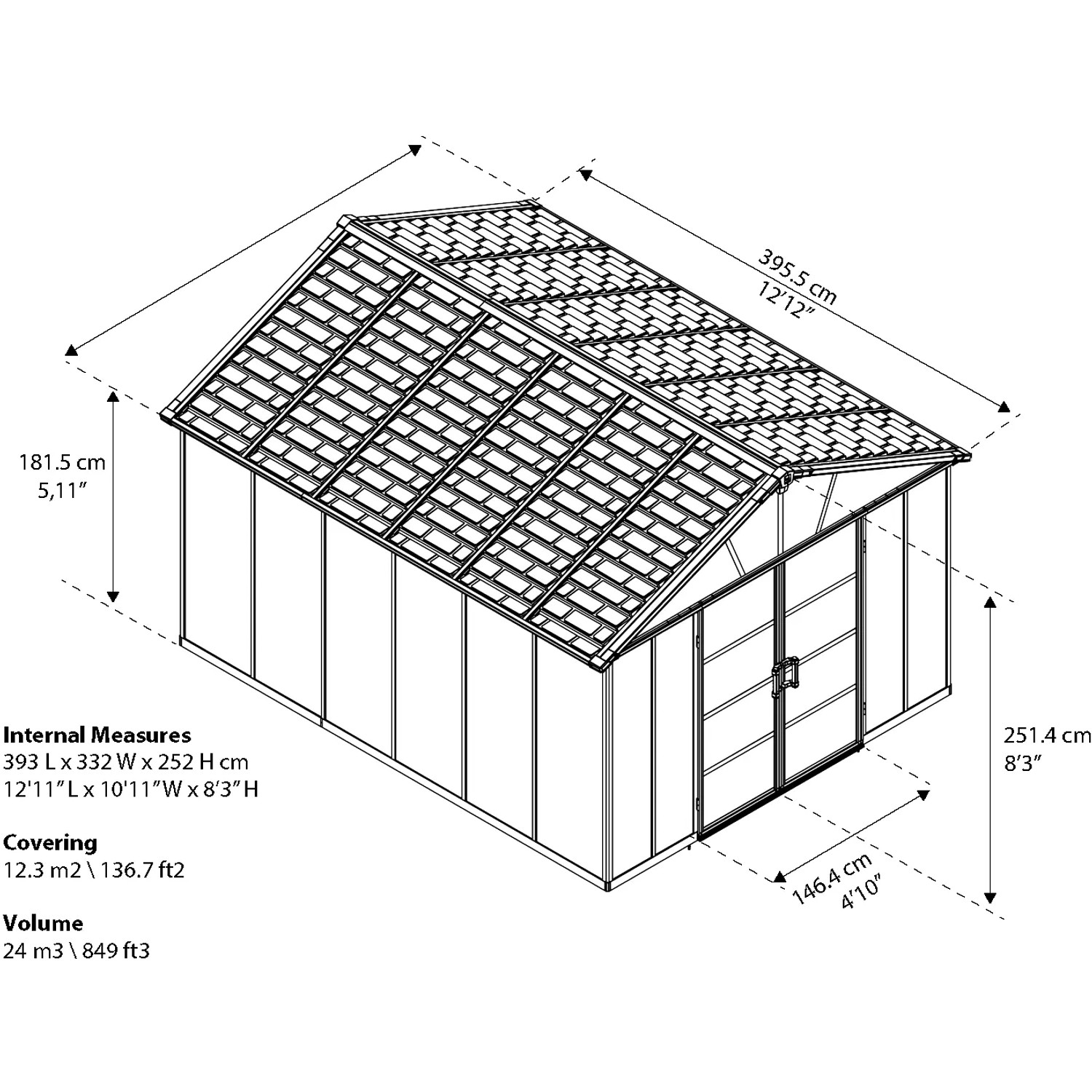 Draufsicht: Graues Palram Canopia Gerätehaus Yukon 3.3 x 4 mit Maßangaben.