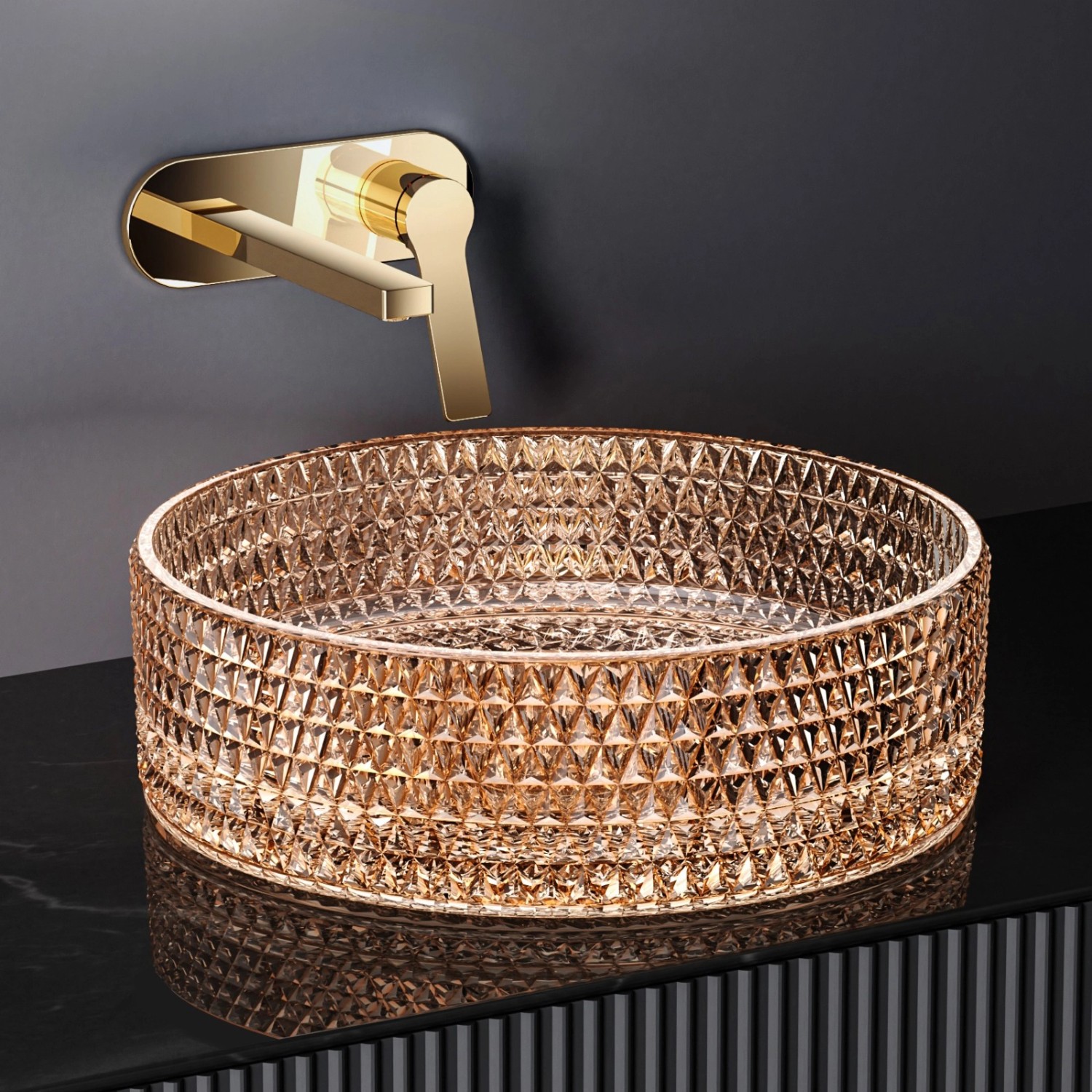 Rundes Emke Aufsatzwaschbecken aus roségoldenem Glas mit Armatur. Elegantes Design für Bad und Gäste-WC.