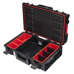 Offener, schwarzer PROREGAL QBRICK Werkzeugkasten mit transparentem Deckel und roten Einsätzen.