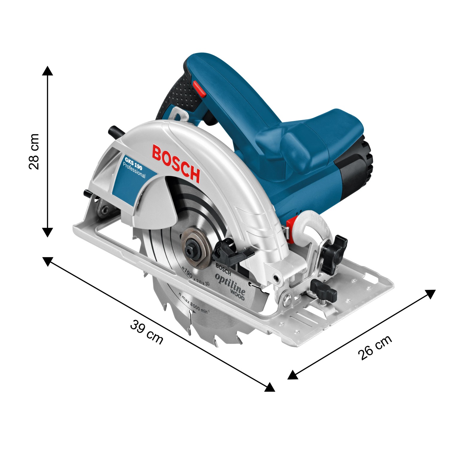 Bosch Professional GKS 190 Handkreissäge mit 1400 W und 190 mm Sägeblatt, seitliche Ansicht mit Maßangaben.