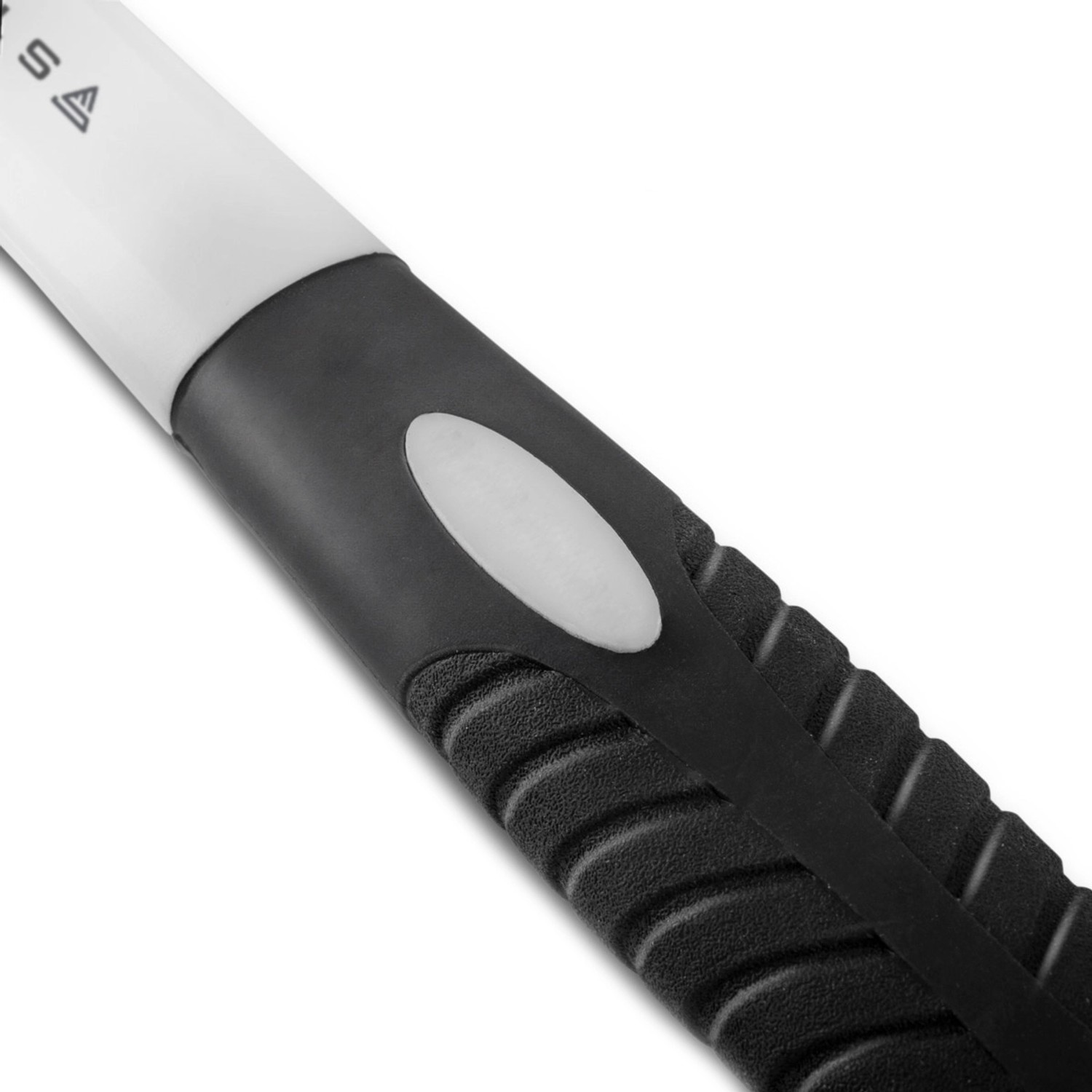 Detailaufnahme: Schwarzer Fiberglas-Griff des STAHLWERK Gummihammers mit geriffelter Oberfläche.