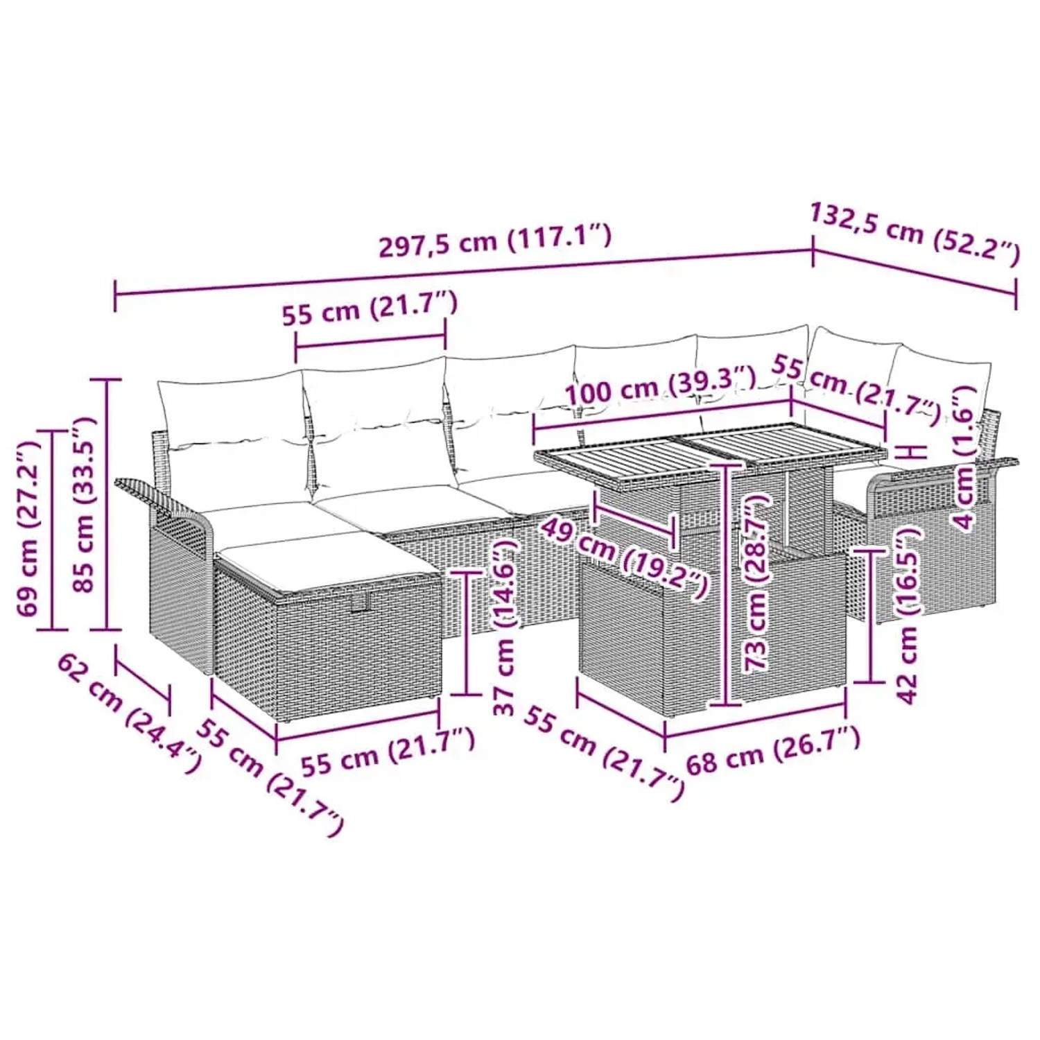 vidaXL Garten-Sofa-Set, 8-teilig, beige Poly Rattan, mit Maßangaben.