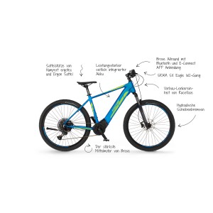 Blaues Fischer E-Bike Mountainbike 27,5 Montis 6.0i mit Mittelmotor und hydraulischen Scheibenbremsen.