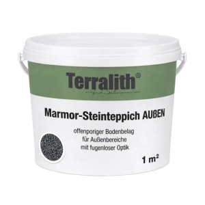 Terralith Steinteppich Schwarz für 1 m² Außen. Weißer Eimer mit grünem Etikett, zeigt schwarze Granulate für Bodenbelag.