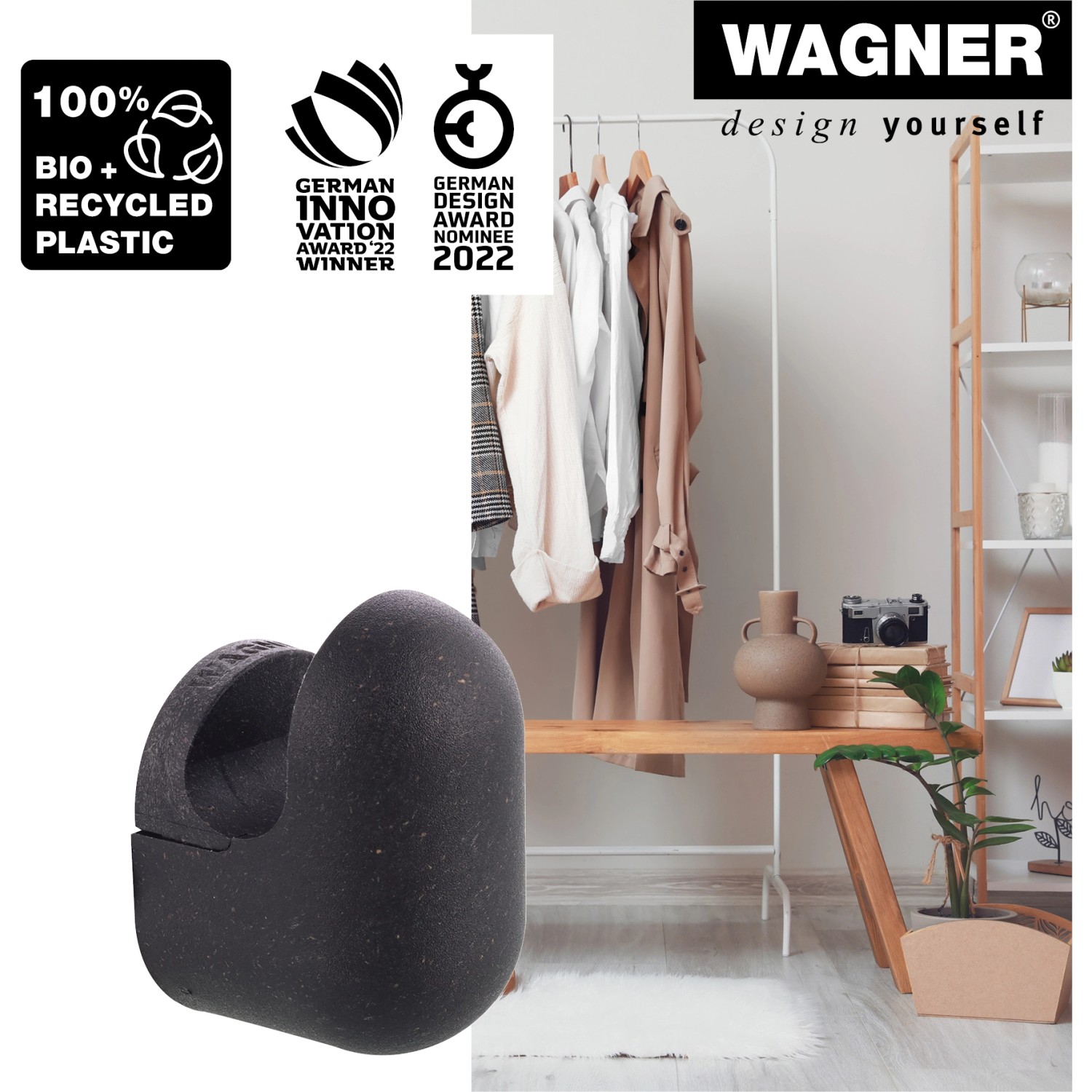 Wagner Wandhaken Pill WH 0400, 4er Set, schwarz, aus recyceltem Kunststoff, zum Schrauben.
