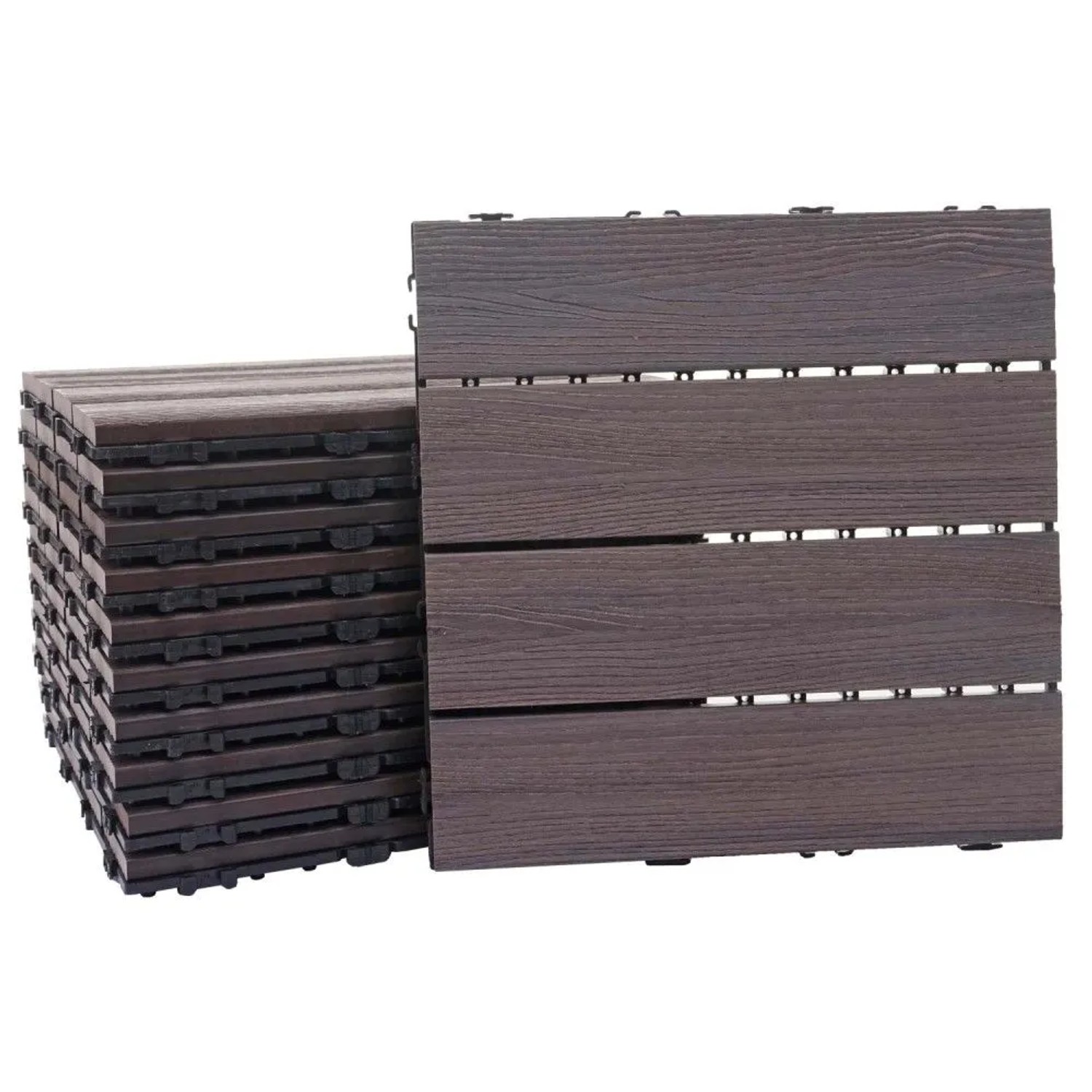 MCW WPC Bodenfliese E20 Holzoptik Balkon/Terrasse 3D-Struktur Linear 11x Je 30x30cm - 1qm Geprägt Grau-Braun