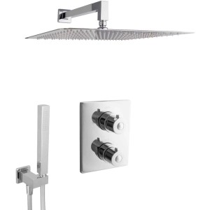 PaulGurkes Unterputz Duschset: quadratische Kopfbrause, Handbrause, Thermostatarmatur in Chrom.
