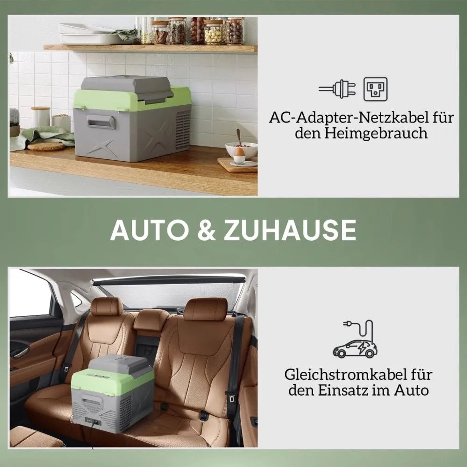 Outsunny Kühlbox grau-grün, im Auto und zu Hause mit AC/DC-Anschluss. Tragbare Kühlung für Reisen und Camping.