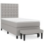 Hellgraues Boxspringbett 90x200 cm mit Matratze und Bank, Stoffbezug.