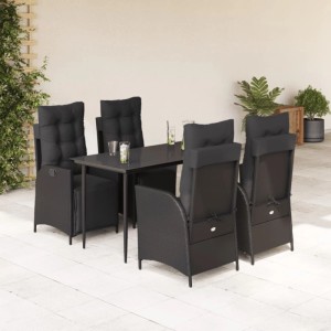 Schwarze 5-tlg. Garten Essgruppe aus Poly Rattan mit Tisch und verstellbaren Stühlen mit Kissen.