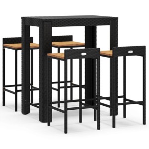 vidaXL Gartenbar-Set, 5-teilig, schwarz, Poly Rattan mit Akazienholz Tisch und Barhockern.