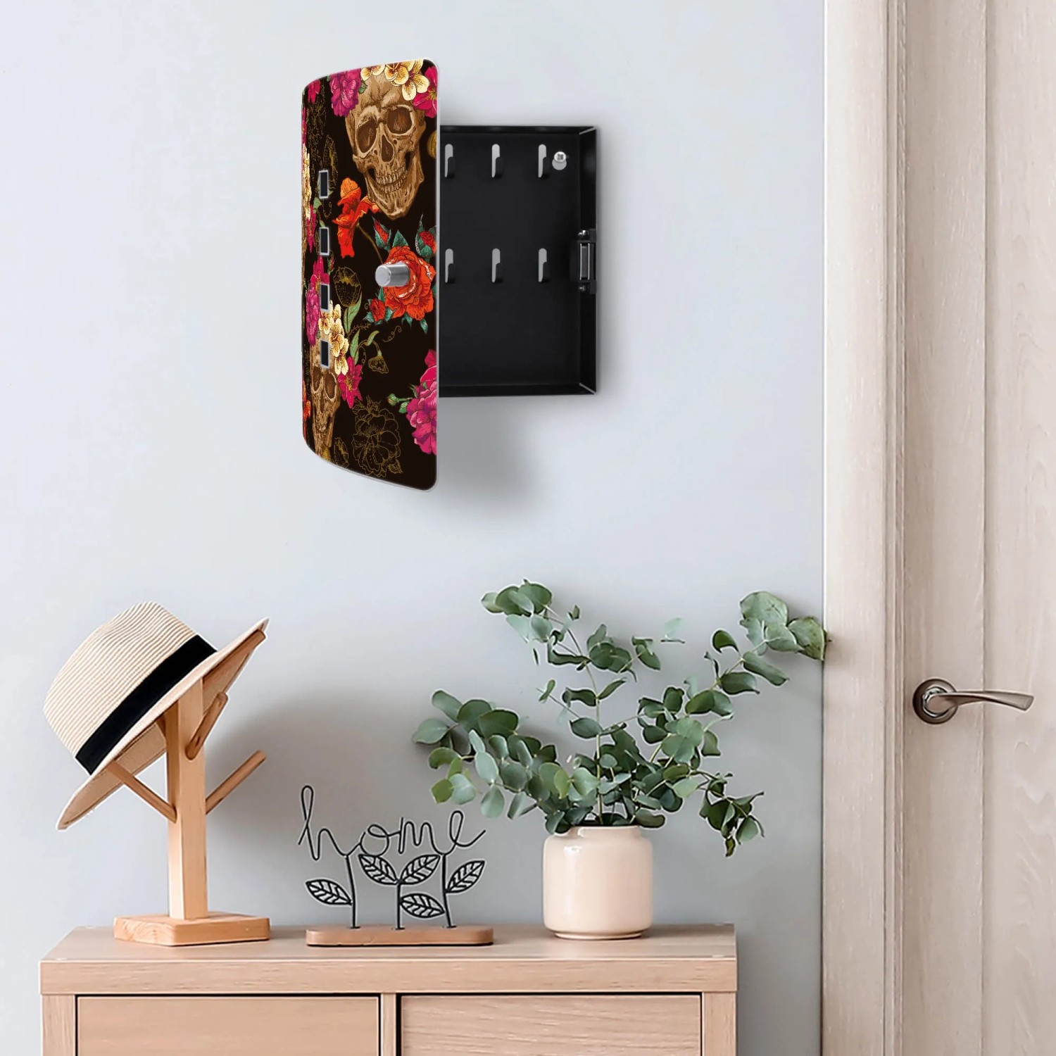 Banjado Schlüsselkasten Holz 30x30cm Schwarz Scharnier Rechts 50 Haken Design Schluesselbox Motiv Floral Skull