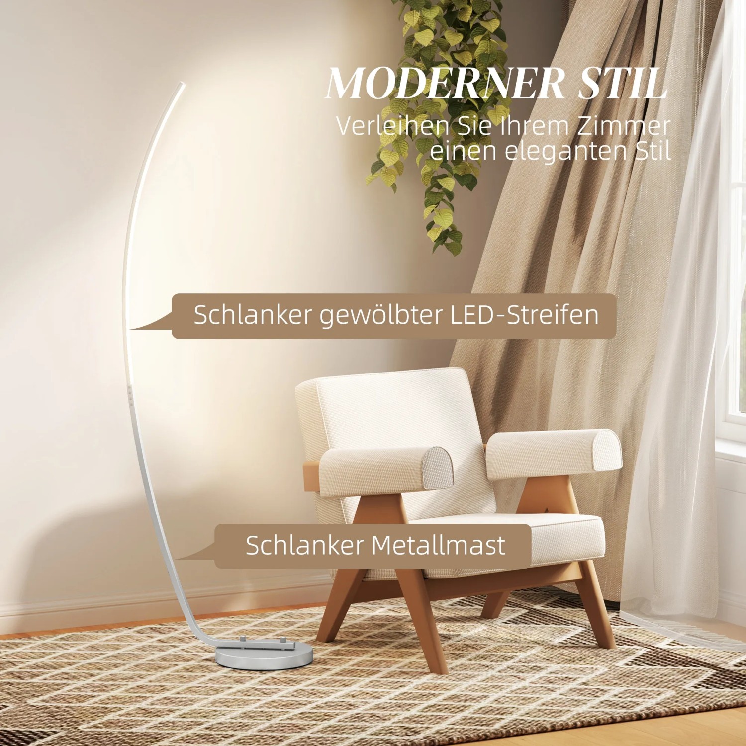 HOMCOM Stehlampe, silberfarben, mit gebogenem LED-Streifen neben einem Sessel.