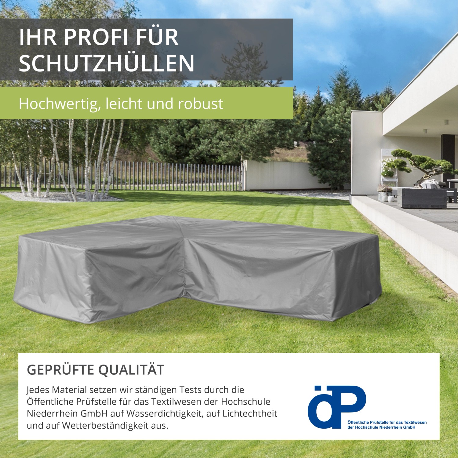 Graue Schutzhülle für L-förmige Loungegruppe im Garten. Wetterfeste Abdeckung 300x300x80 cm.