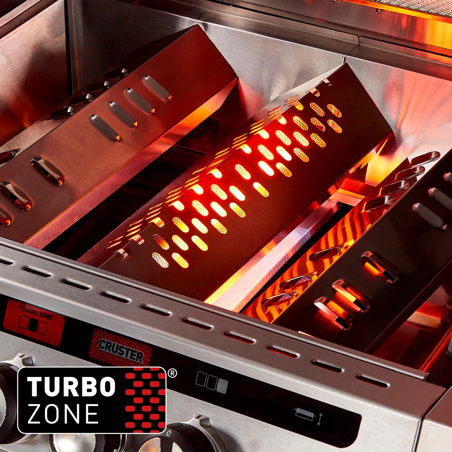 Detailaufnahme des Enders Gasgrills Uniq Pro 3 mit Cruster und Turbo Zone in Betrieb.