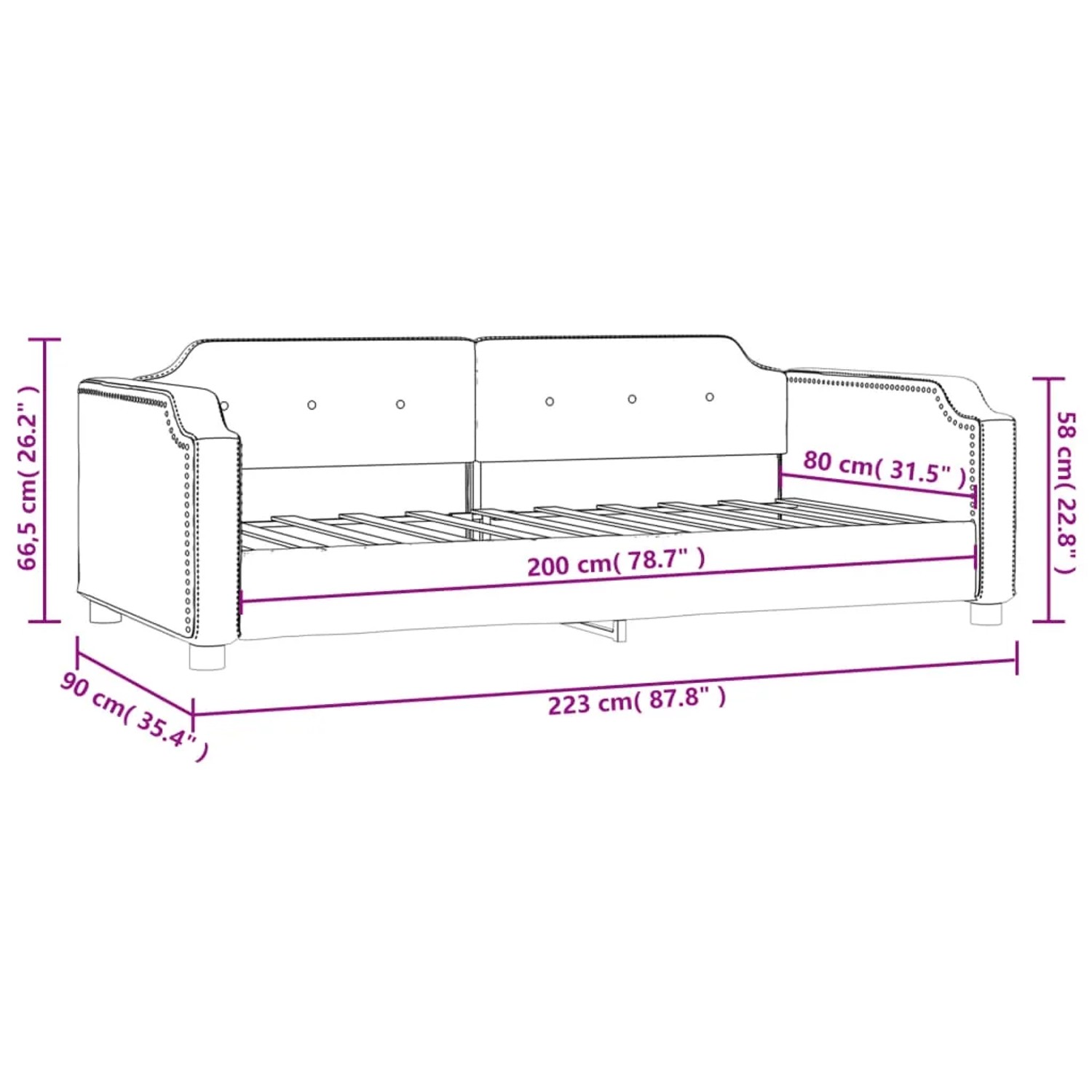 Skizze eines taupefarbenen vidaXL Tagesbetts (80x200 cm) mit Maßangaben.