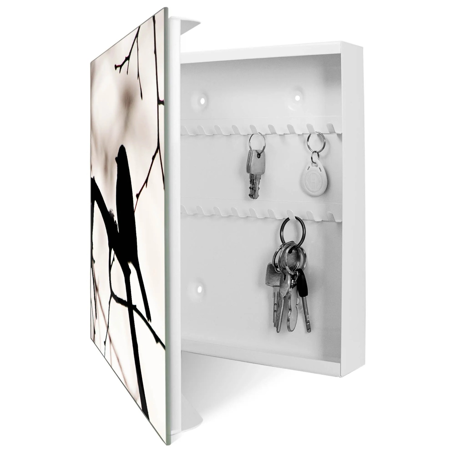 Offener, weißer Schlüsselkasten mit Glasfront, Vogelmotiv, 50 Haken, beschreibbar, magnetisch.