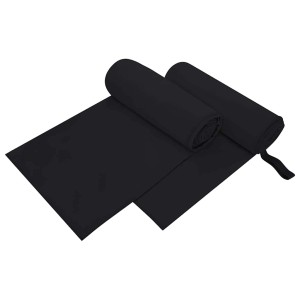 Zwei schwarze vidaXL Sporthandtücher, 200x100 cm, gerollt und gefaltet.