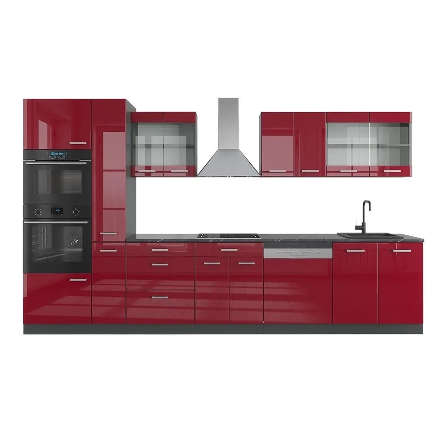 Vicco R-Line Küchenzeile Bordeaux Hochglanz Anthrazit 350 cm mit Hochschrankohne Arbeitsplatte ohne E-Geräte