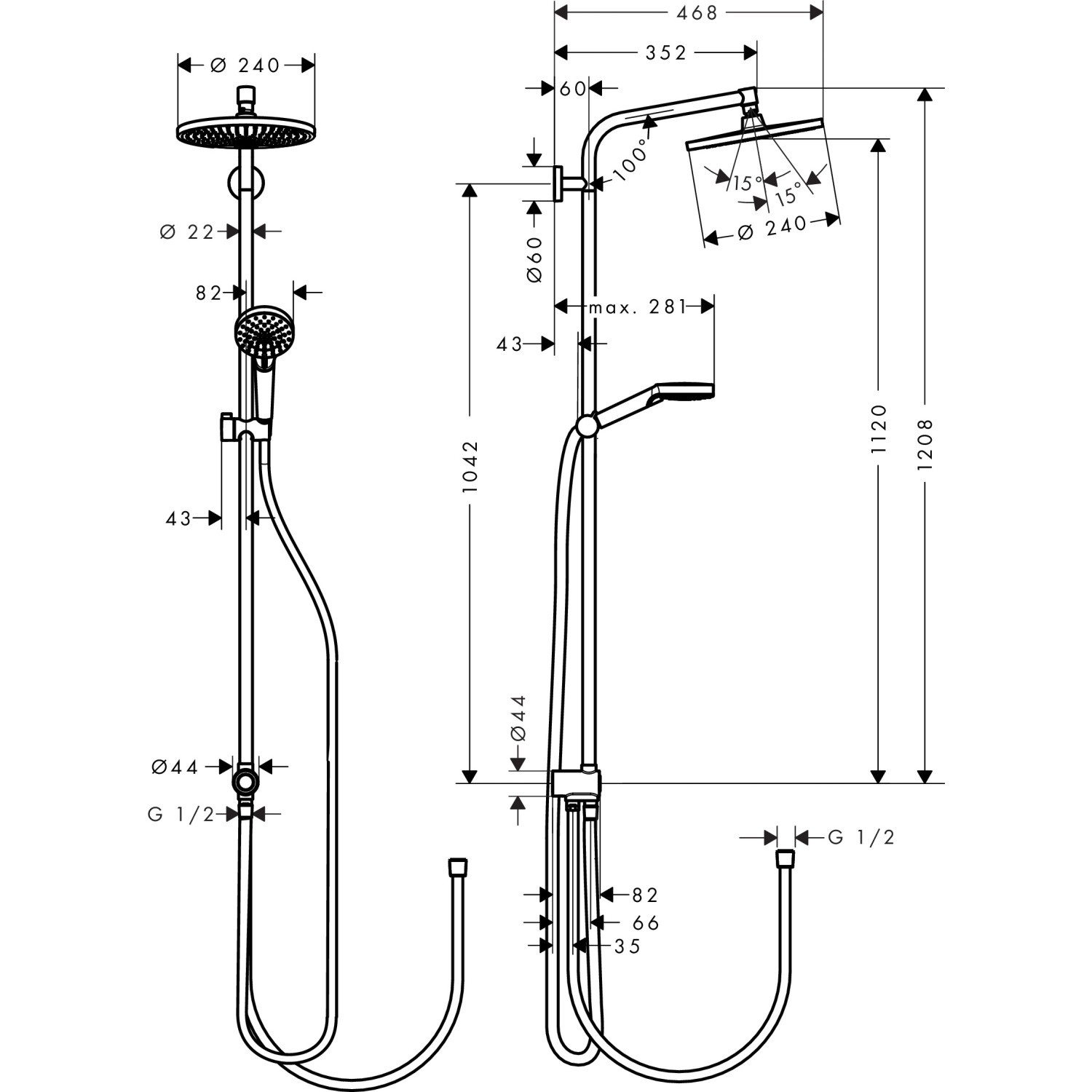 Technische Zeichnung Hansgrohe Crometta S Showerpipe 240 Duschsystem mit Maßen.