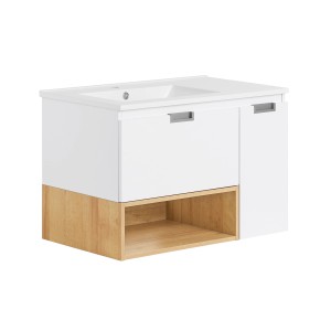 SoBuy Waschbeckenunterschrank BZR178-WN in Weißnatur mit Waschbecken, Schublade, Tür und offenem Fach.