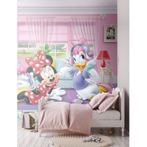 Disney Fototapete mit Minnie Maus und Daisy Duck im Kinderzimmer, rosa, rot und lila, 360x270 cm.