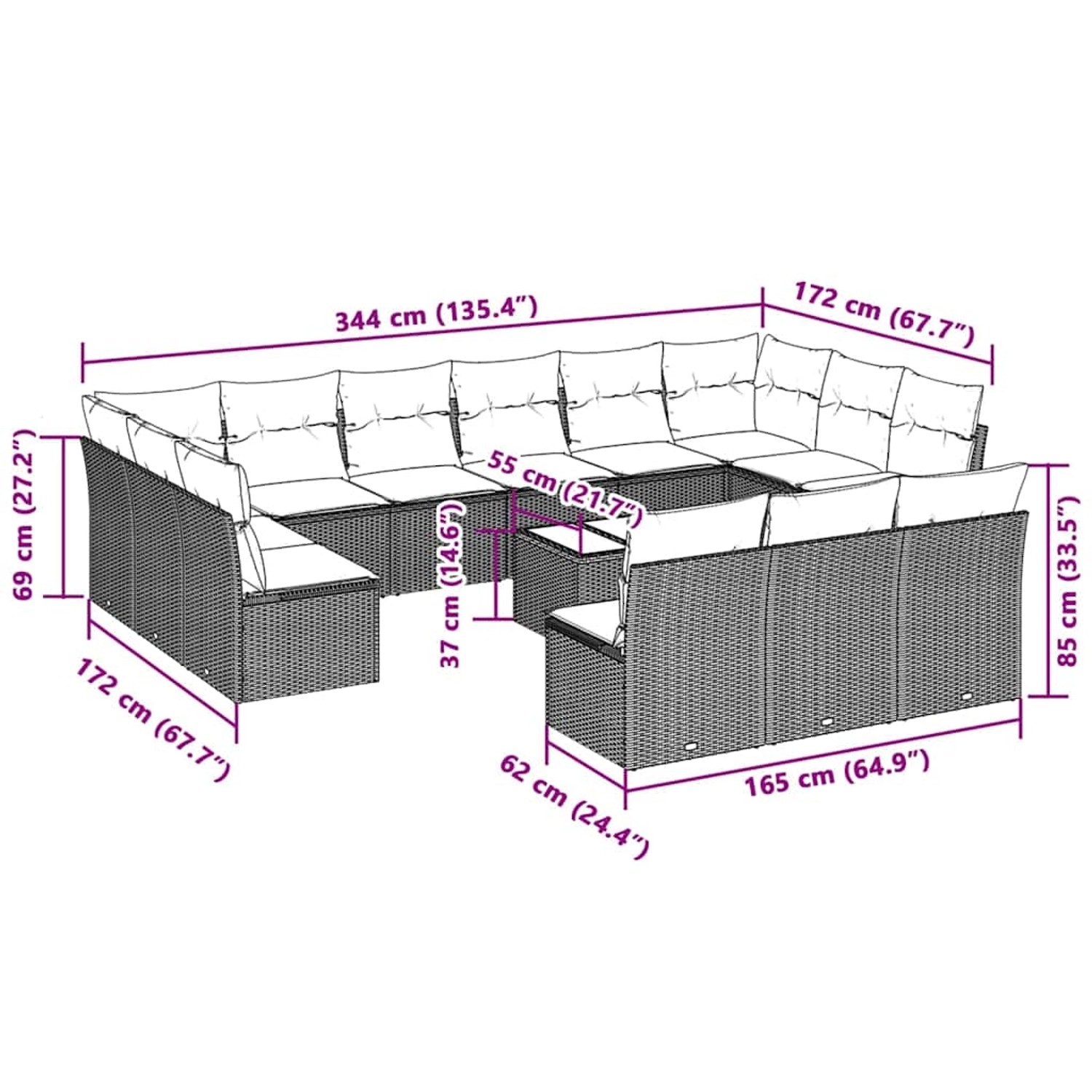 vidaXL Garten-Sofagarnitur, 14-teilig, hellgraues Poly Rattan mit Kissen und Maßangaben.