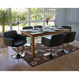 6er-Set: Schwarze MCW Esszimmerstühle Houston mit Armlehne und Chromfuß am Esstisch.