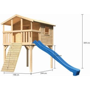 Karibu Stelzenhaus Benjamin Set mit Holzrampe, blauer Rutsche und den Maßen 198x244x309cm.