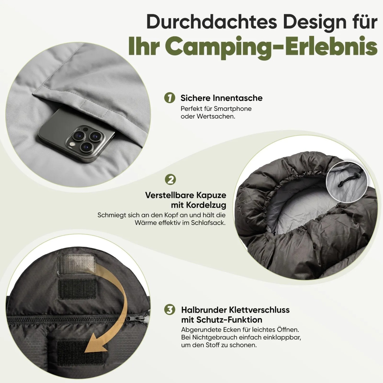 Sekey Deckenschlafsack Anthrazit: Details wie Innentasche, Kapuze und Klettverschluss für Camping.