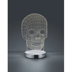 Chromfarbene LED Tischleuchte Skull: Dekorative Totenkopf Lampe mit einstellbarer Lichtfarbe.