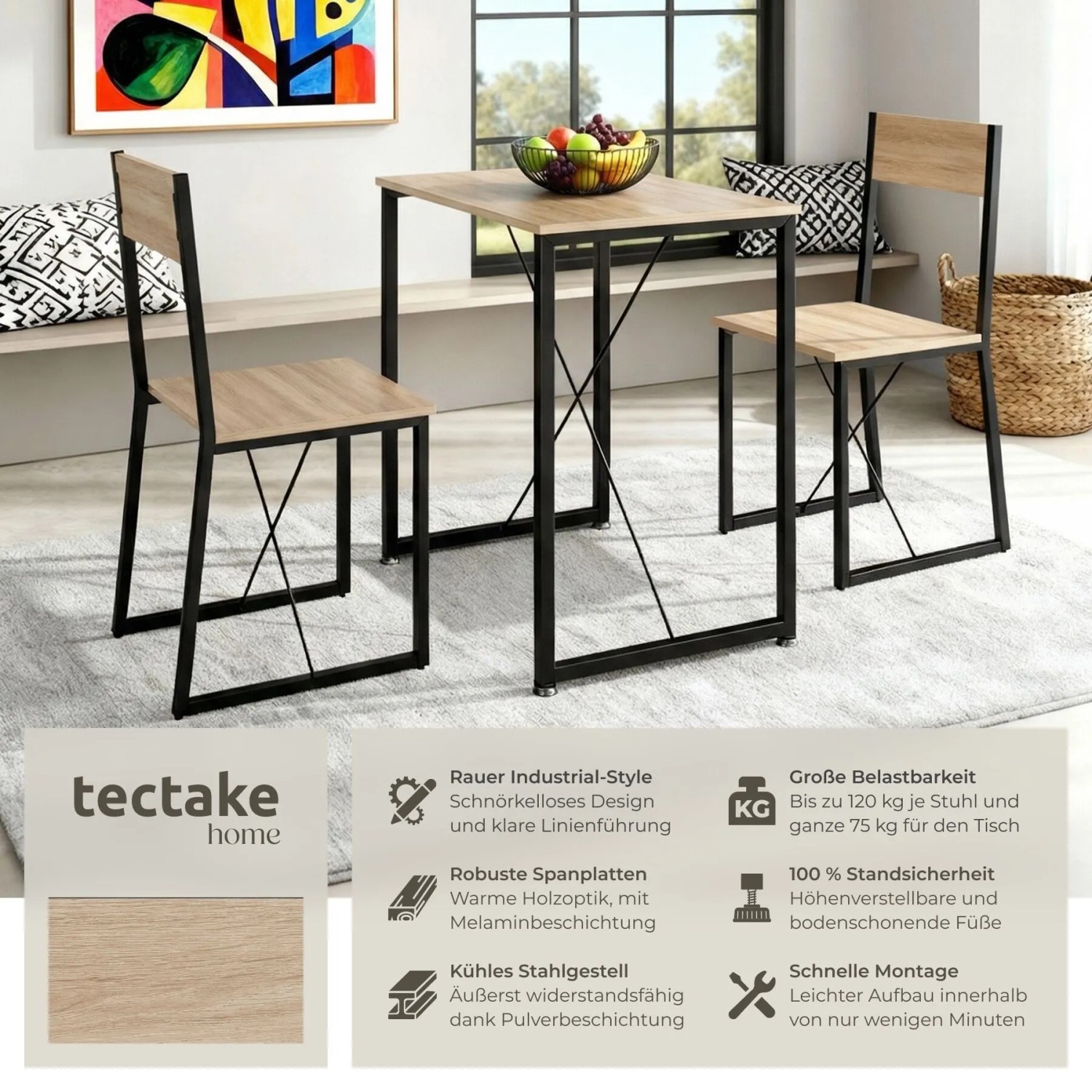 Tectake Sitzgruppe Margate 3 Teilig Esstisch Mit 2 Stühlen 138 x 80 x 90 cm Industrial Holz Hell Eiche Sonoma_2