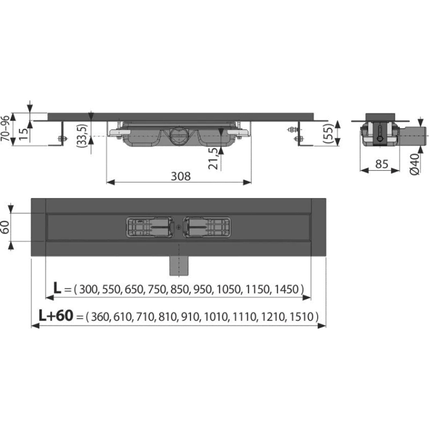 Technische Zeichnung: Alcadrain APZ101BLACK Duschrinne, 850mm, Schwarz-Matt, Maße und Details.