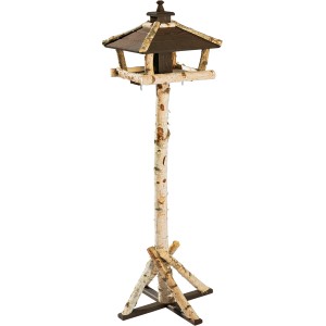 Vogelfutterhaus Birke/Pinie mit Pfahl, naturbelassene Optik für Wildvögel.