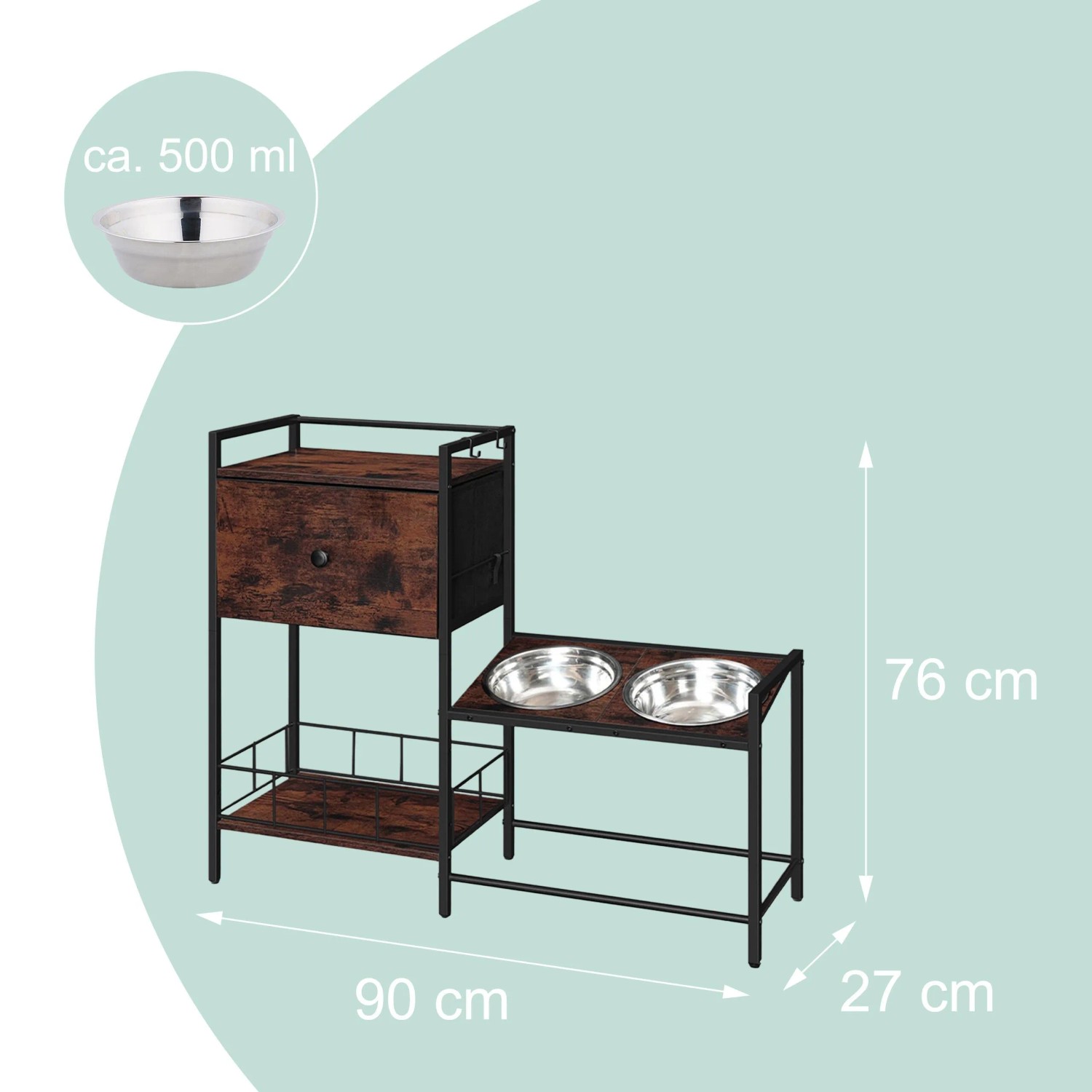 Relaxdays Futterstation Hunde MDF Eisen Edelstahl Schwarz Braun Erhöht Stauraum 76 cm x 90 cm x 27 cm_4