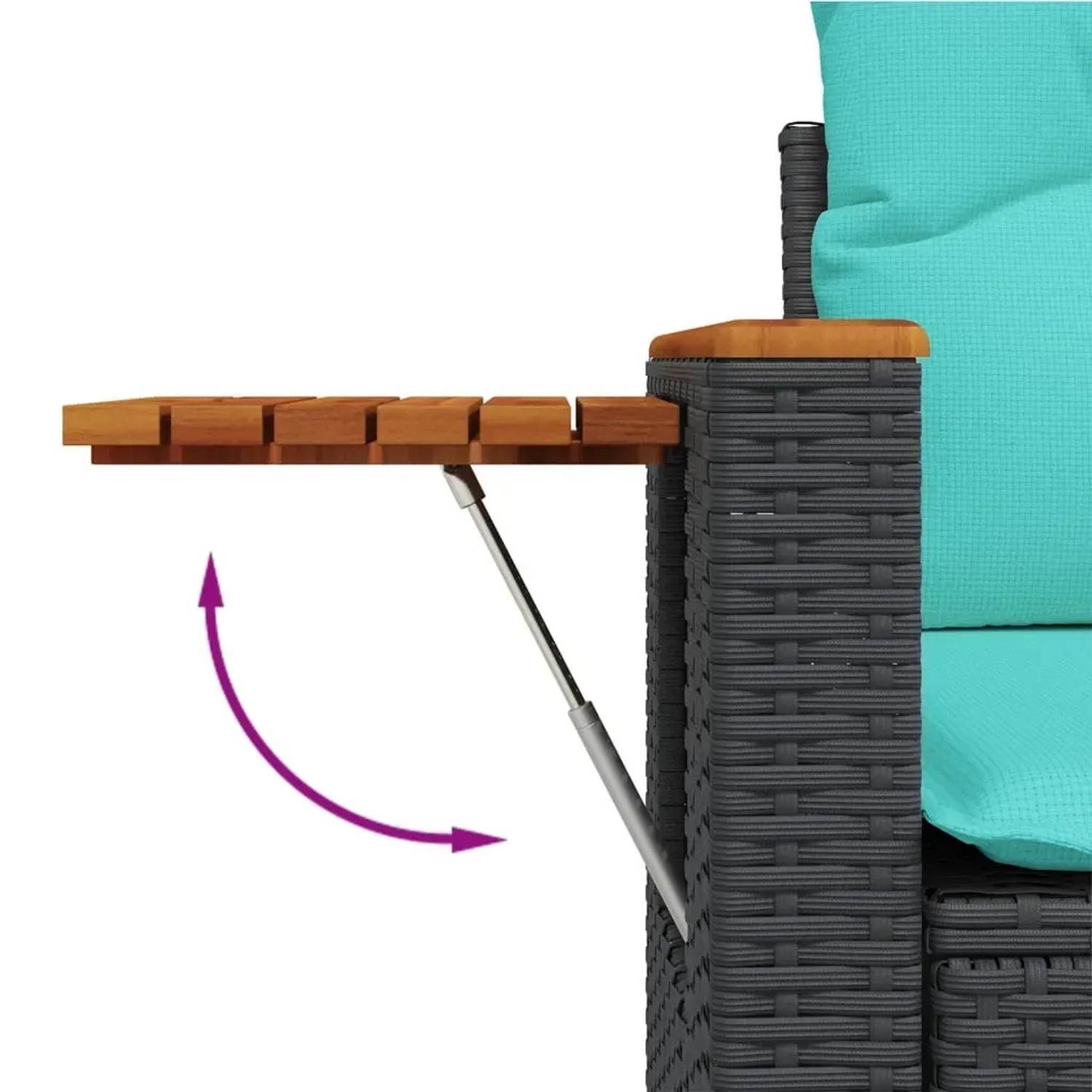 Detailaufnahme: Schwarze Rattan Garten-Sofagarnitur mit ausklappbarem Akazienholz-Tisch.
