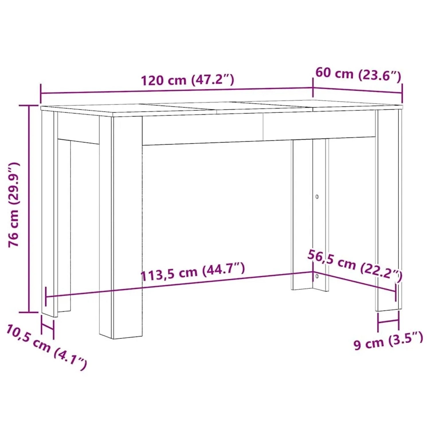 Weißer vidaXL Esstisch aus Holzwerkstoff, 120x60x76 cm. Technisches Diagramm mit allen Maßen für Küche/Esszimmer.