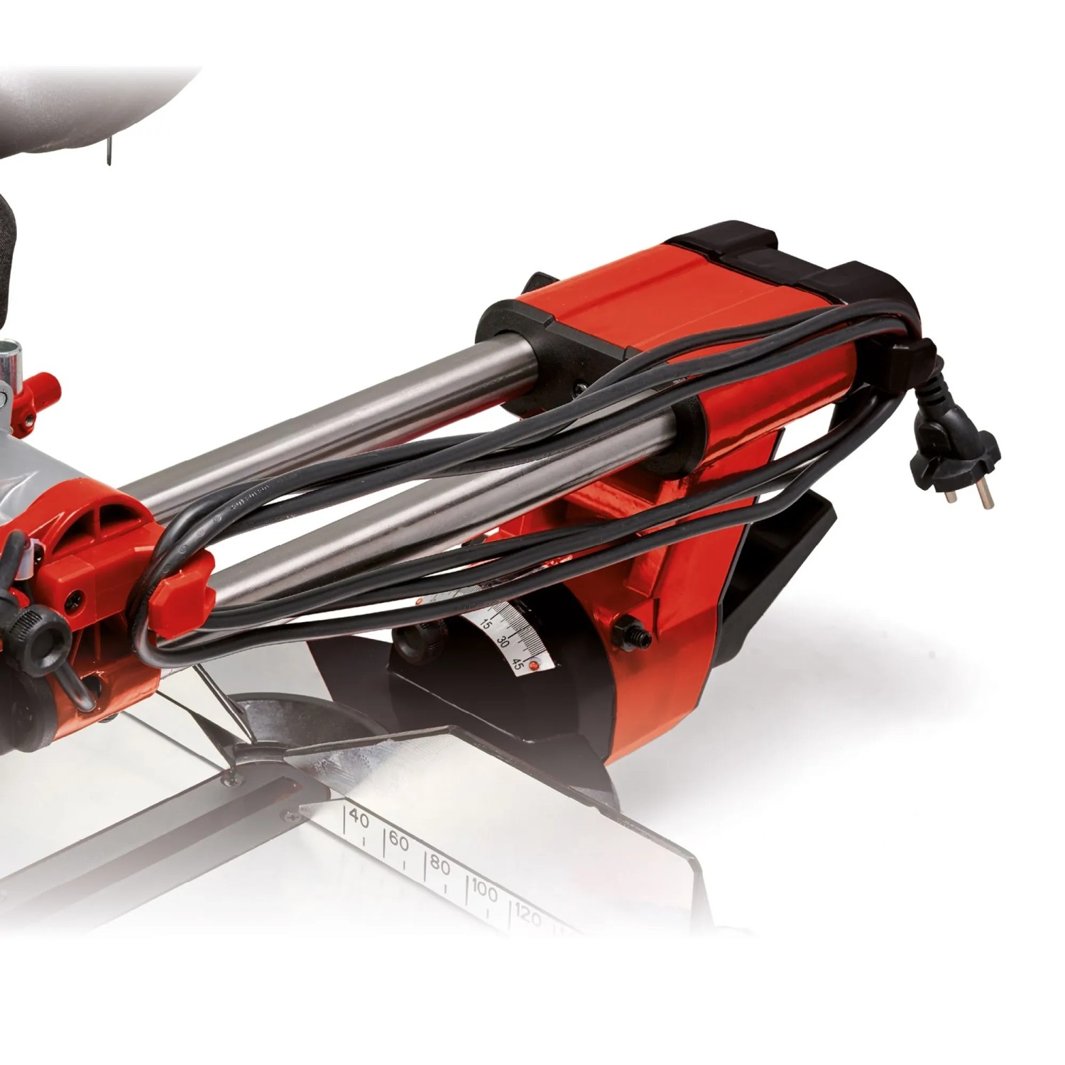 Detailansicht der Einhell Zug-Kapp-Gehrungssäge TE-SM 2131 Dual, rote Metallelemente.
