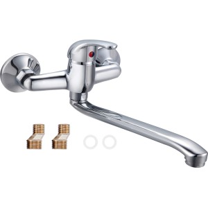 Verchromte Secchia Einhebel-Küchenarmatur für Wandmontage mit S-Anschlüssen und Rosetten.