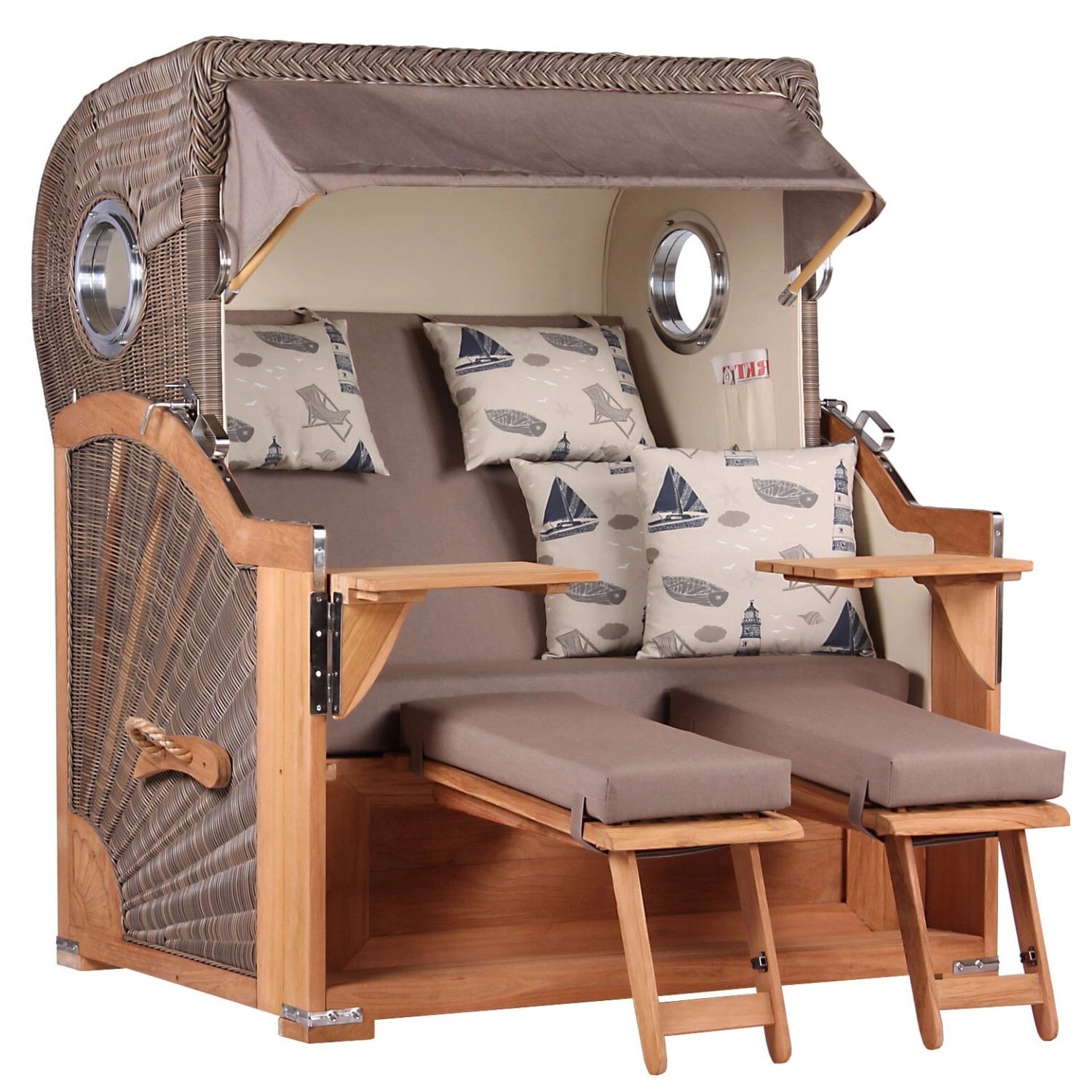 GarWoh Strandkorb Westerland Teak Bullauge PE Grey Dessin 540